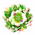 Ester eggs and flowers in circle shape on pastel colorful background greetings card concept Royalty Free Stock Photo