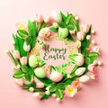 Ester eggs and flowers in circle shape on pastel colorful background greetings card concept Royalty Free Stock Photo