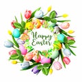 Ester eggs and flowers in circle shape on pastel colorful background greetings card concept Royalty Free Stock Photo