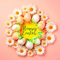 Ester eggs and flowers in circle shape on pastel colorful background greetings card concept