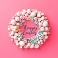 Ester eggs and flowers in circle shape on pastel colorful background greetings card concept Royalty Free Stock Photo