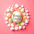 Ester eggs and flowers in circle shape on pastel colorful background greetings card concept