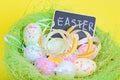 Ester eggs in nest with copy-space blackboard Royalty Free Stock Photo