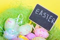 Ester eggs in nest with copy-space chalkboard Royalty Free Stock Photo