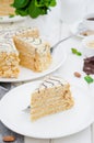 Esterhazy traditional cake with almonds and pralines on a white wooden background on a plate with a cup of coffee. Royalty Free Stock Photo