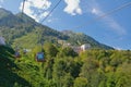 Esto-Sadok, Sochi, Russia - Sep 04, 2021: Cable car and hotel in mountains, resort Krasnaya Polyana