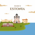 Estonia country magnet design template with landmark building. Flat cartoon style historic sight showplace web site vector