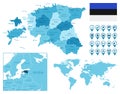 Estonia detailed administrative blue map with country flag and location on the world map.