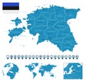 Estonia - detailed blue country map with cities, regions, location on world map and globe. Infographic icons