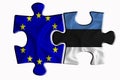 Estonia flag and European Union flag on two puzzle pieces on white isolated background. The concept of political relations. 3D Royalty Free Stock Photo