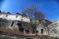 Fasade of old building on the street of Tallin city in a sunny day