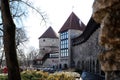 Fasade of old building on the street of Tallin city in a sunny day