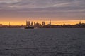 Estonia, Tallinn November 20, 2023. Silhouette of a military boat at sunrise in the bay of Tallinn