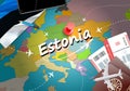 Estonia travel concept map background with planes, tickets. Visit Estonia travel and tourism destination concept. Estonia flag on