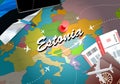 Estonia travel concept map background with planes, tickets. Visit Estonia travel and tourism destination concept. Estonia flag on