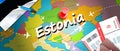 Estonia travel concept map background with planes, tickets. Visit Estonia travel and tourism destination concept. Estonia flag on