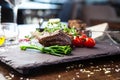 Estonian beef tenderloin steak. Delicious healthy traditional food closeup served for lunch in modern gourmet cuisine