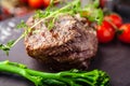 Estonian beef tenderloin steak. Delicious healthy traditional food closeup served for lunch in modern gourmet cuisine