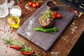 Estonian beef tenderloin steak. Delicious healthy traditional food closeup served for lunch in modern gourmet cuisine