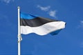 Estonian flag against blue sky.