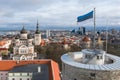 Estonian flag on Tall Hermann Tower in the Old Town of Tallinn, Estonia