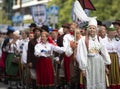 Estonian people in traditional clothing walking the streets of Tallinn