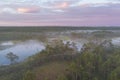 Estonian swamp Viru raba in the early summer morning, drone photo