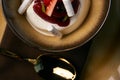 Estonian sweet dessert Kama with yoghurt mousse, wild berries an