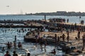 Crowded sandy Tamariz beach in Estoril near Lisbon, Portugal during the summer Royalty Free Stock Photo