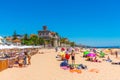 ESTORIL, PORTUGAL, MAY 31, 2019: Estoril castle viewed behind Tamariz beach in Portugal Royalty Free Stock Photo