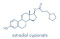 Estradiol cypionate estrogen prohormone molecule. Long-acting, intramuscular injectable prodrug of estradiol. Skeletal formula.
