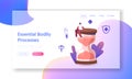 Estrogen and Estradiol Hormonal Medical Therapy Landing Page Template. Tiny Female Character Sitting on Huge Hourglass