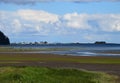 Estuary landscape, low tide with rain clouds