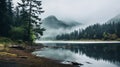 Rainy Weather At Estuary With Deciduous Trees And Firs Capturing Tree Tops