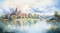 Estuary Of Poland Watercolor Painting Of A City By A Lake