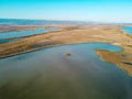 Estuary and sea. Water flooded area in Goksu river delta, Turkey. Aerial view