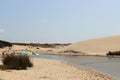 An estuary sea water and stream water sand dune background on moliets beach. Summer vacation in huchet France.