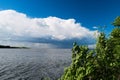 Estuary of the Vistula River to the Baltic Sea with the Cumulus mediocris cloud in the sky. Royalty Free Stock Photo