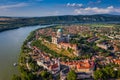 Esztergom, Hungary - Aerial panoramic view of the Primatial Basilica of Esztergom on a bright summer day with blue sky