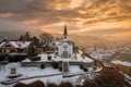 Esztergom, Hungary - Amazing golden sunrise at the Sorrowful Virgin Chapel on a misty winter