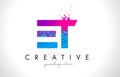 ET E T Letter Logo with Shattered Broken Blue Pink Texture Design Vector.