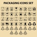 Et of packaging icons, packing cargo labels, delivery service symbols Royalty Free Stock Photo