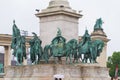Etail of Millennium Monument to Seven chieftains of the Magyars, right side view, rainy spring day, Budapest