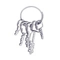 Etched door keys bunch attached to ring. Engraved drawing of keyring, holder. Monochrome handdrawn sketch. Contoured Royalty Free Stock Photo