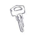 Etched drawing of modern contoured door key. Outlined engraving of locking house item drawn in retro detailed style