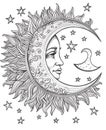 Illustration sun moon star human faces retro vintage vector folklore Royalty Free Stock Photo