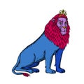 Blue Lion Sitting Wearing Tiara Crown Etching
