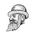 Hipster Wearing Bowler Hat Etching Black and White