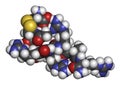 Etelcalcetide drug molecule. 3D rendering. Atoms are represented as spheres with conventional color coding: hydrogen (white),