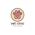 Eterinary Clinic Dog or Cat Care, Pet Care, Vet Center, Dog Shop. Simple Logo with Red Cross and Pink Dog`s or Cat`s Paw
